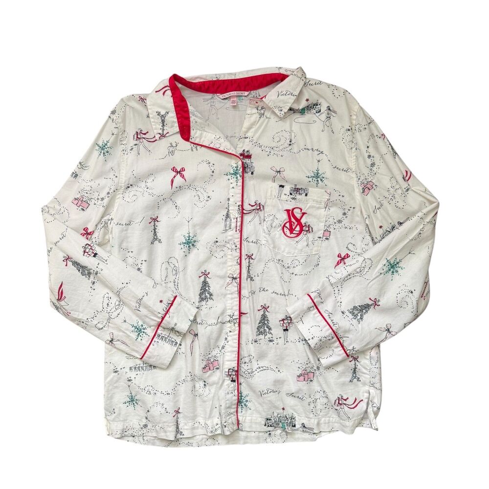 Victorias Secret Christmas Long Sleeve Pajama Top VS Logo Embroidered Red/White